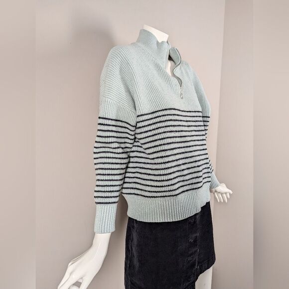 Joan Vass Striped Half-Zip Sweater M Boxy Fit Cropped Classic Knit - Picture 5 of 7